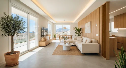 Vivienda reformada con acabados contemporáneos: salón luminoso con suelo de microcemento, revestimientos de madera e iluminación cálida.
