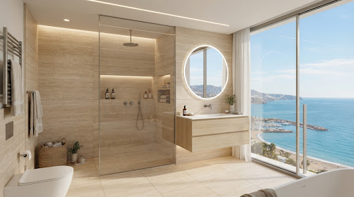 Apartamento frente al mar reformado en Benalmádena con ducha de travertino, mueble de baño flotante y vistas panorámicas.